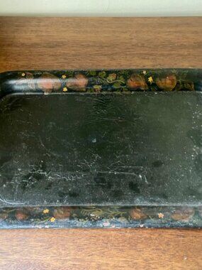 Vintage Rectangular Black Metal Tole Hand Painted Folk Art Tray